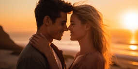 日暮黄昏海边情侣鼻尖吻摄影图片